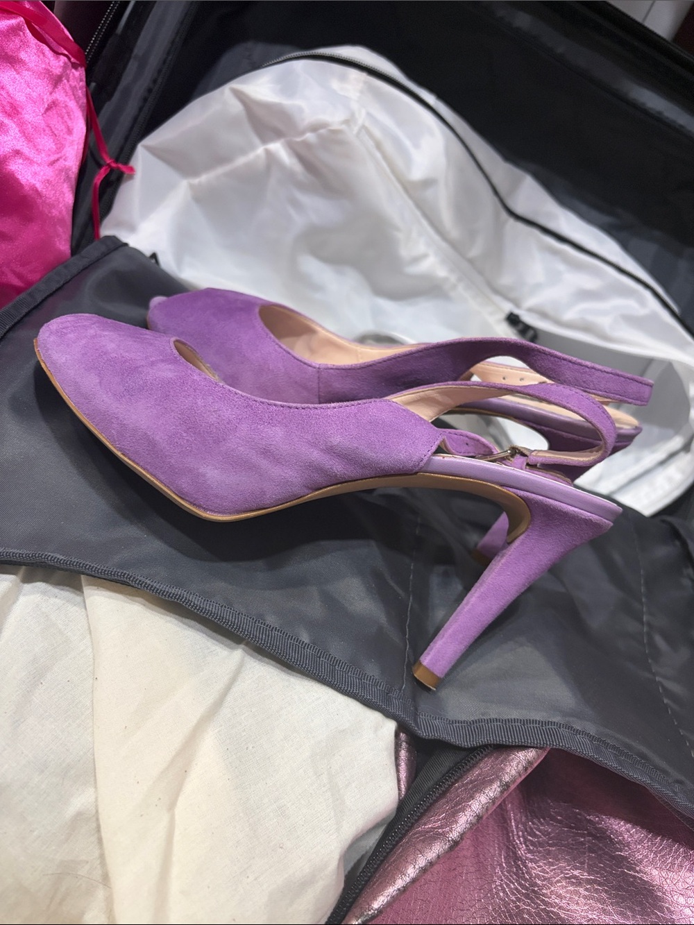 Eliana Bucci Lavender Suede Peep-Toe Slingback Heels